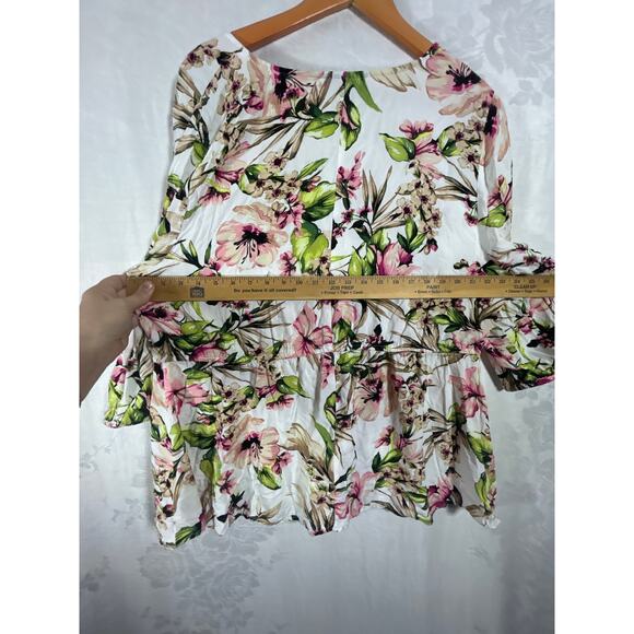 Lane Bryant Top 22 24 Pink Green Floral Peplum Balloon Sleeve Flowy Babydoll - Picture 9 of 10